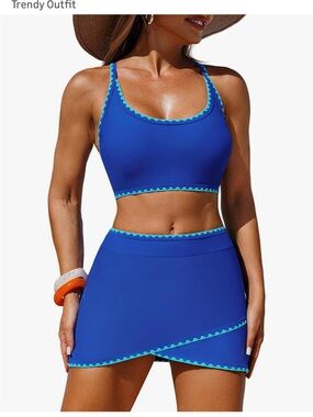 Zaful Blue Tankini Top and Skirt Swim Set with Aqua Trim